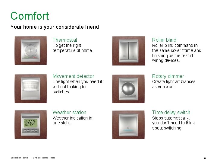 Comfort Your home is your considerate friend Schneider Electric Thermostat Roller blind To get