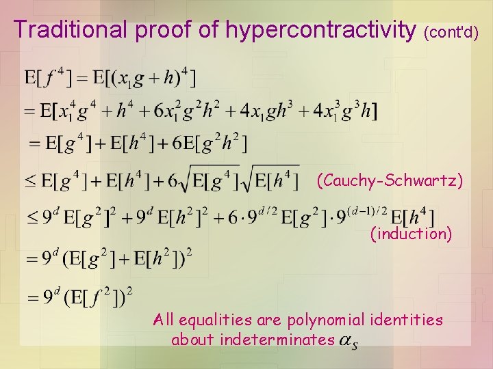 Traditional proof of hypercontractivity (cont'd) (Cauchy-Schwartz) (induction) All equalities are polynomial identities about indeterminates