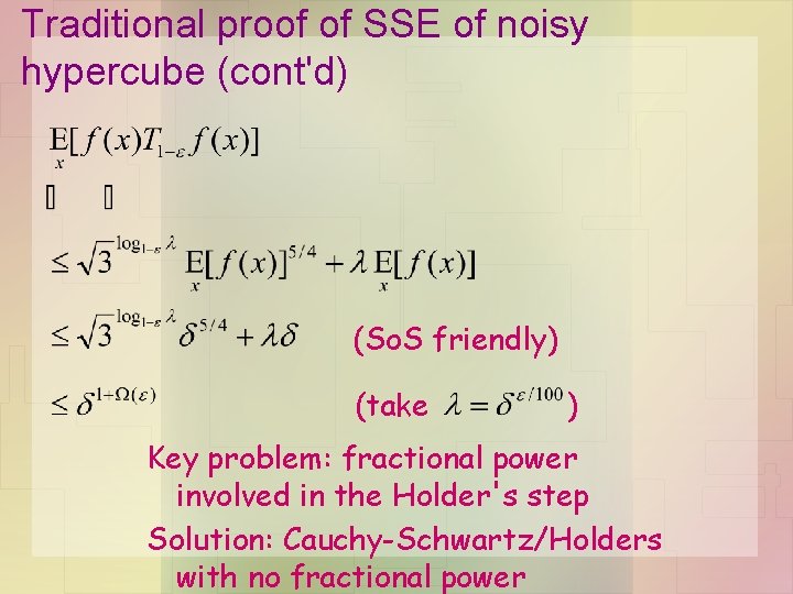 Traditional proof of SSE of noisy hypercube (cont'd) (So. S friendly) (take ) Key