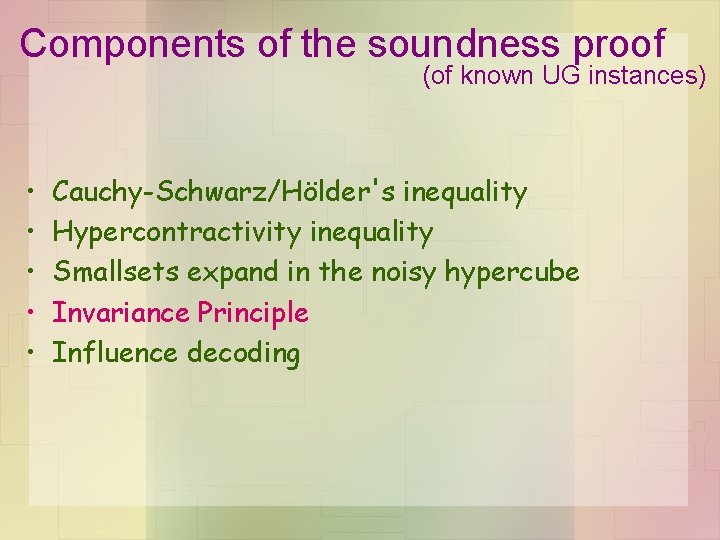 Components of the soundness proof (of known UG instances) • • • Cauchy-Schwarz/Hölder's inequality