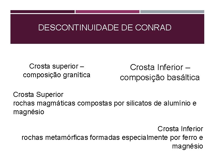 DESCONTINUIDADE DE CONRAD Crosta superior – composição granítica Crosta Inferior – composição basáltica Crosta