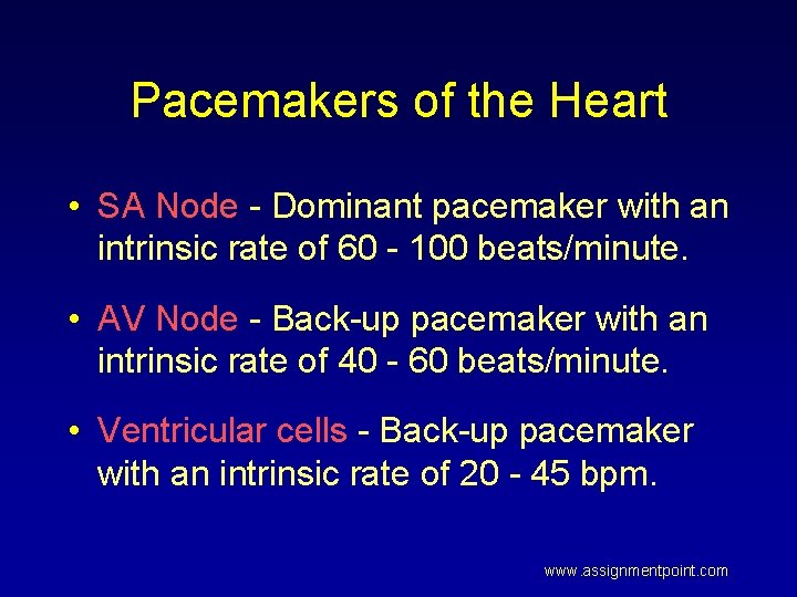 Pacemakers of the Heart • SA Node - Dominant pacemaker with an intrinsic rate