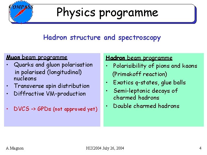 Physics programme Hadron structure and spectroscopy Muon beam programme • Quarks and gluon polarisation