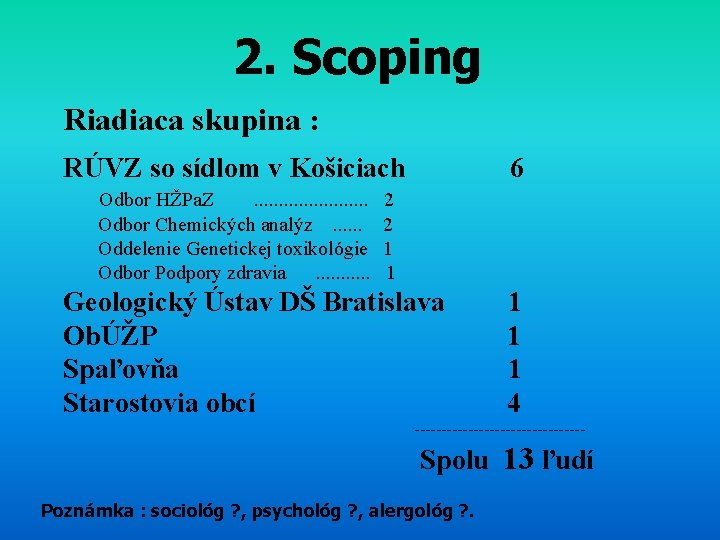 2. Scoping Riadiaca skupina : RÚVZ so sídlom v Košiciach Odbor HŽPa. Z. .