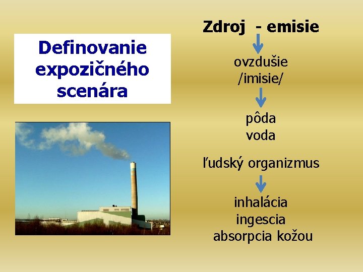 Zdroj - emisie Definovanie expozičného scenára ovzdušie /imisie/ pôda voda ľudský organizmus inhalácia ingescia