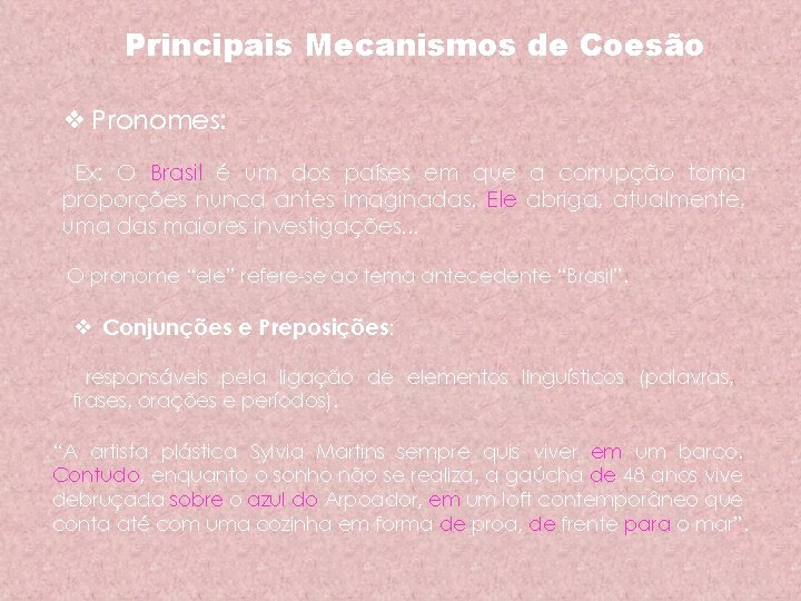 Principais Mecanismos de Coesão ❖ Pronomes: Ex: O Brasil é um dos países em