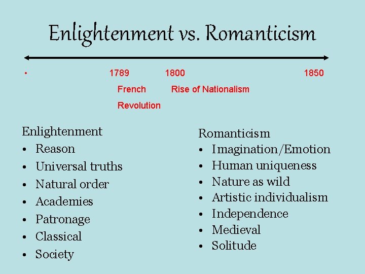 Enlightenment vs. Romanticism • 1789 French 1800 1850 Rise of Nationalism Revolution Enlightenment • Enlightenment vs. Romanticism • 1789 French 1800 1850 Rise of Nationalism Revolution Enlightenment •
