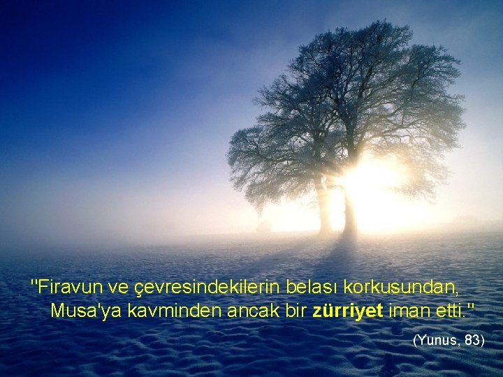 "Firavun ve çevresindekilerin belası korkusundan, Musa'ya kavminden ancak bir zürriyet iman etti. " (Yunus,