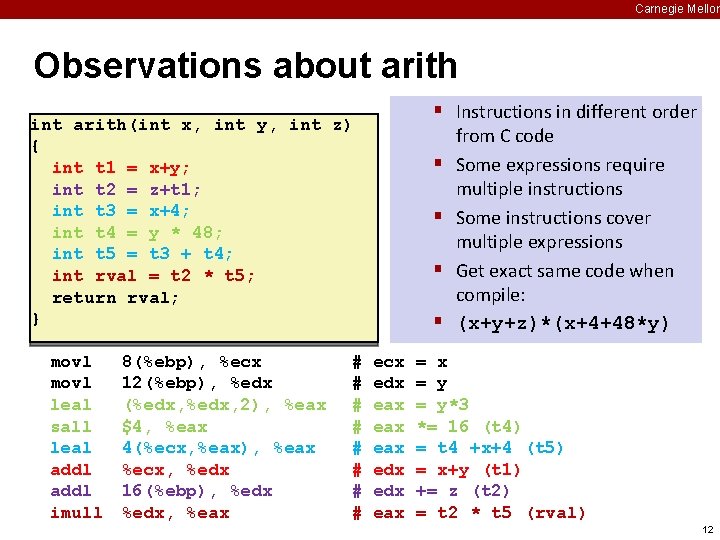 Carnegie Mellon Observations about arith § Instructions in different order int arith(int x, int