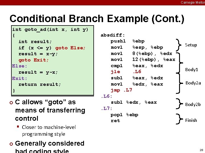 Carnegie Mellon Conditional Branch Example (Cont. ) int goto_ad(int x, int y) { int
