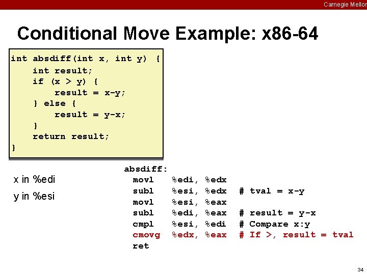 Carnegie Mellon Conditional Move Example: x 86 -64 int absdiff(int x, int y) {