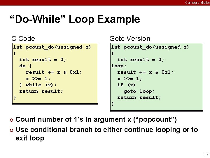 Carnegie Mellon “Do-While” Loop Example C Code int pcount_do(unsigned x) { int result =