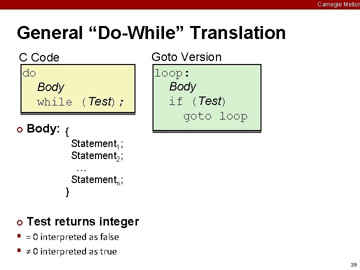 Carnegie Mellon General “Do-While” Translation C Code do Body while (Test); ¢ Body: {