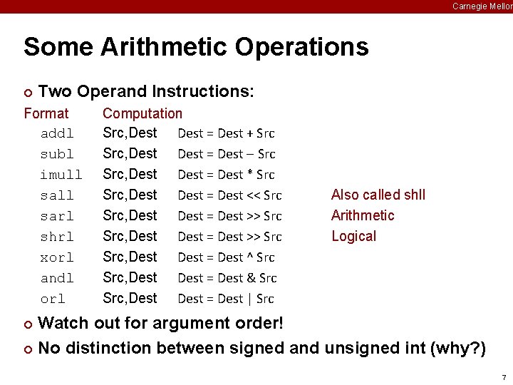 Carnegie Mellon Some Arithmetic Operations ¢ Two Operand Instructions: Format addl subl imull sarl
