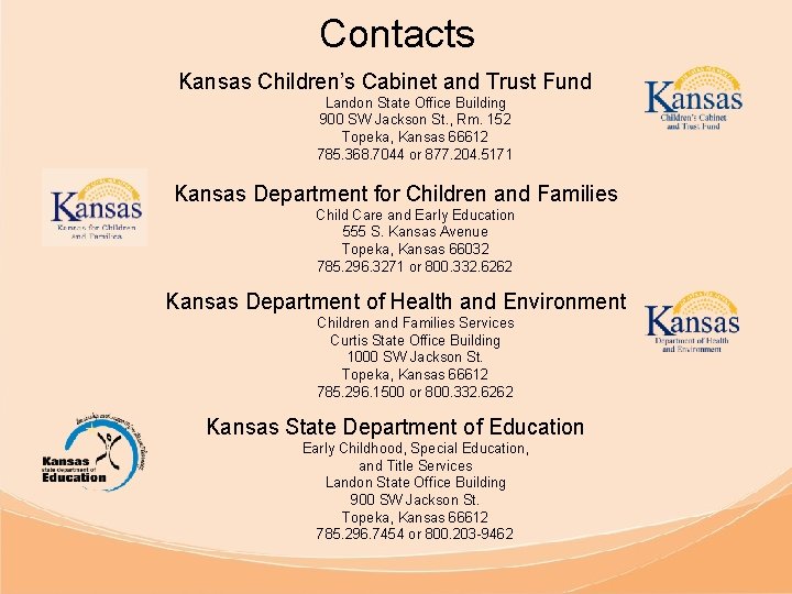 Contacts Kansas Children’s Cabinet and Trust Fund Landon State Office Building 900 SW Jackson