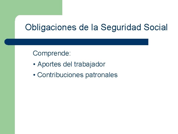 Obligaciones de la Seguridad Social Comprende: • Aportes del trabajador • Contribuciones patronales 