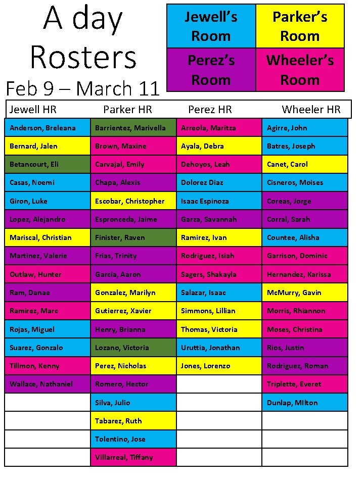 A day Rosters Feb 9 – March 11 Jewell HR Parker HR Jewell’s Room