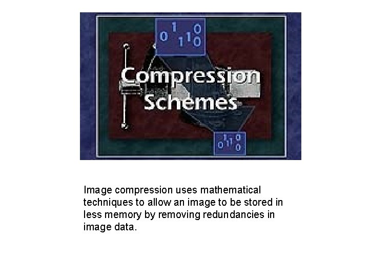 Image compression uses mathematical techniques to allow an image to be stored in less