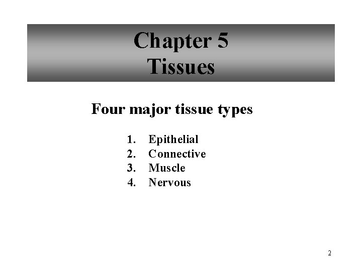 Chapter 5 Tissues Four major tissue types 1. 2. 3. 4. Epithelial Connective Muscle