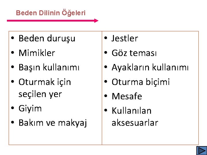 Beden Dilinin Öğeleri Beden duruşu Mimikler Başın kullanımı Oturmak için seçilen yer • Giyim