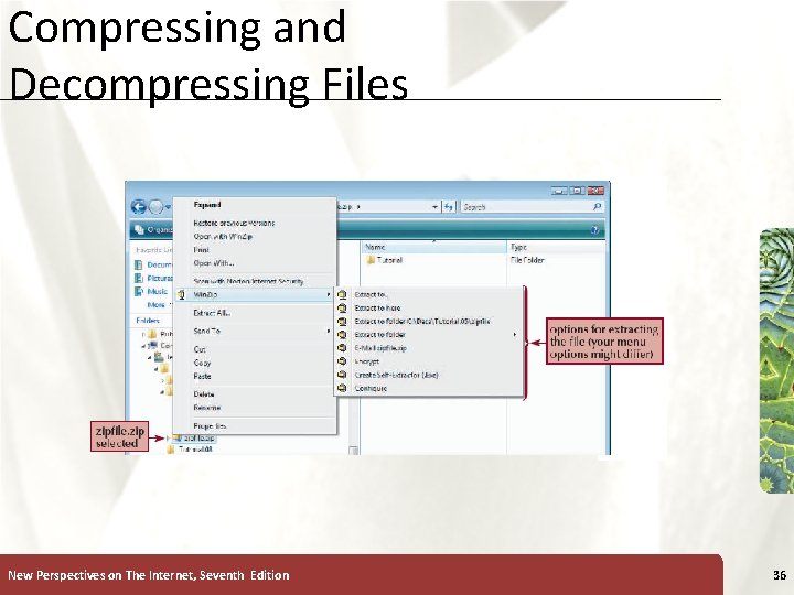 Compressing and Decompressing Files New Perspectives on The Internet, Seventh Edition XP 36 