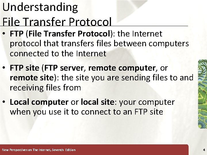 Understanding File Transfer Protocol XP • FTP (File Transfer Protocol): the Internet protocol that