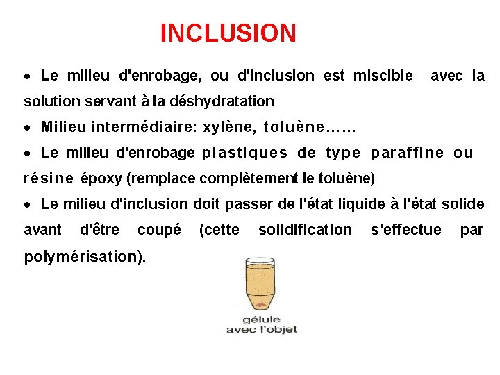 INCLUSION · Le milieu d'enrobage, ou d'inclusion est miscible avec la solution servant à