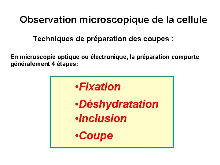 Observation microscopique de la cellule Techniques de préparation des coupes : En microscopie optique