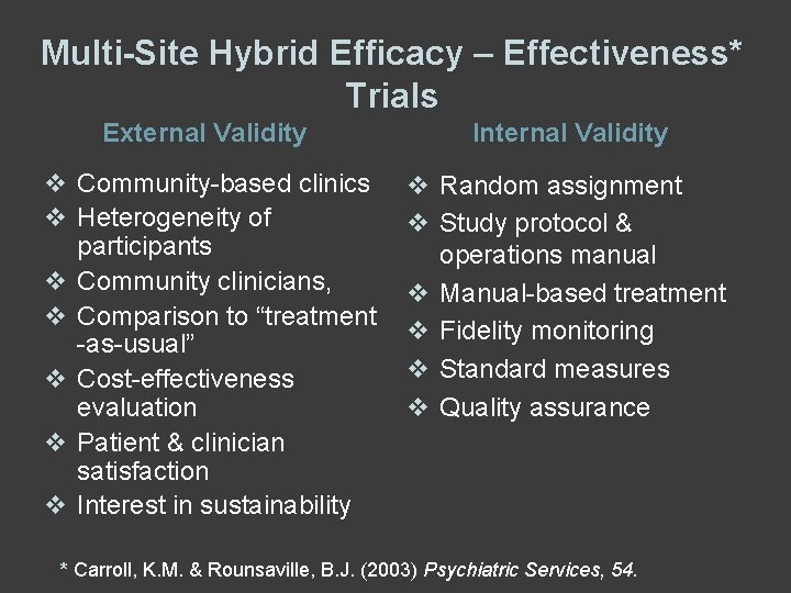 Multi-Site Hybrid Efficacy – Effectiveness* Trials External Validity Internal Validity v Community-based clinics v Multi-Site Hybrid Efficacy – Effectiveness* Trials External Validity Internal Validity v Community-based clinics v