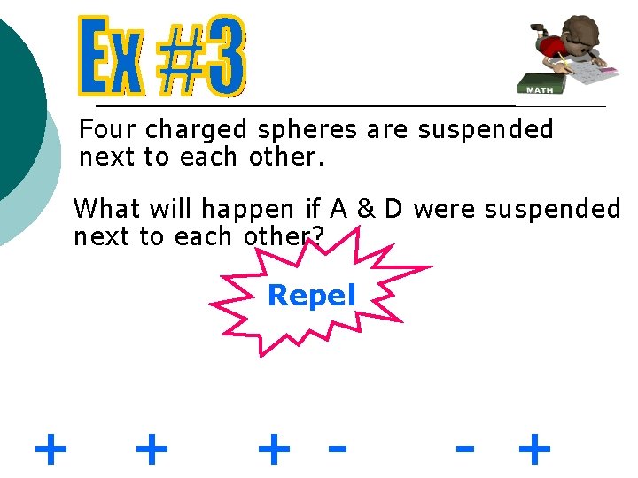 Four charged spheres are suspended next to each other. What will happen if A