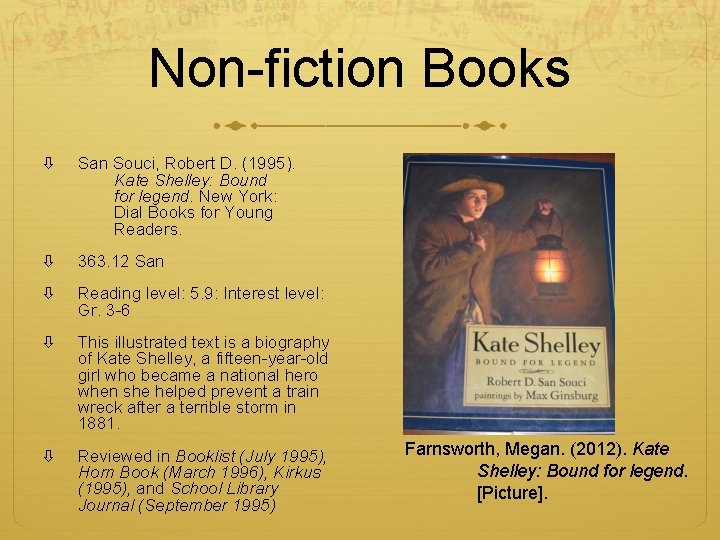 Non-fiction Books San Souci, Robert D. (1995). Kate Shelley: Bound for legend. New York: Non-fiction Books San Souci, Robert D. (1995). Kate Shelley: Bound for legend. New York: