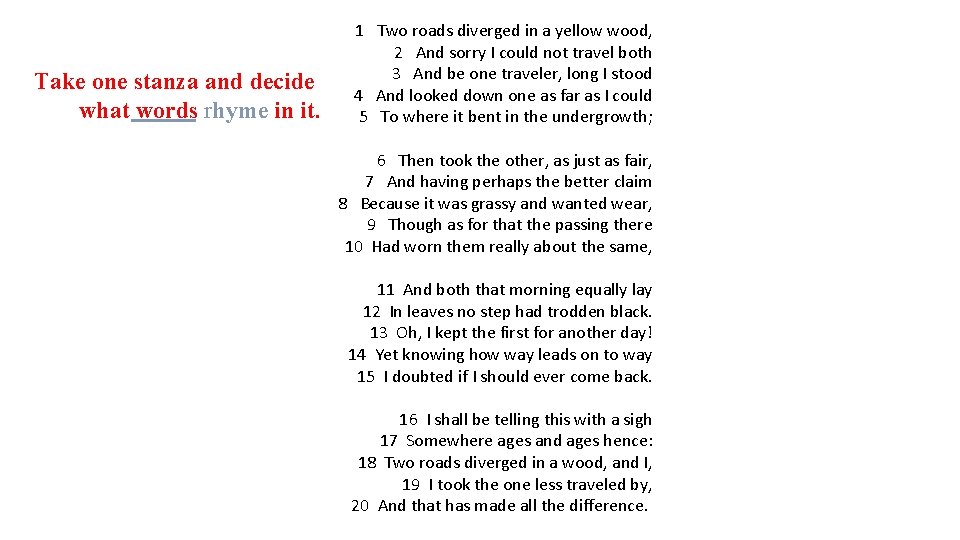 Take one stanza and decide what words rhyme in it. 1 Two roads diverged