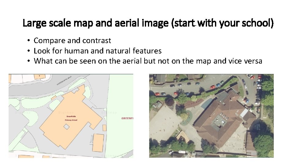 Large scale map and aerial image (start with your school) • Compare and contrast