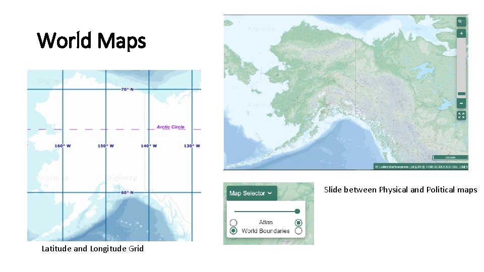World Maps Slide between Physical and Political maps Latitude and Longitude Grid 
