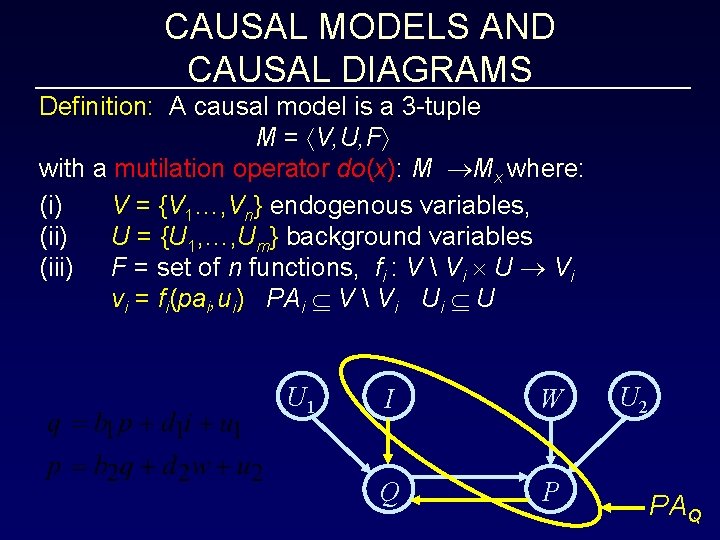 CAUSAL MODELS AND CAUSAL DIAGRAMS Definition: A causal model is a 3 -tuple M