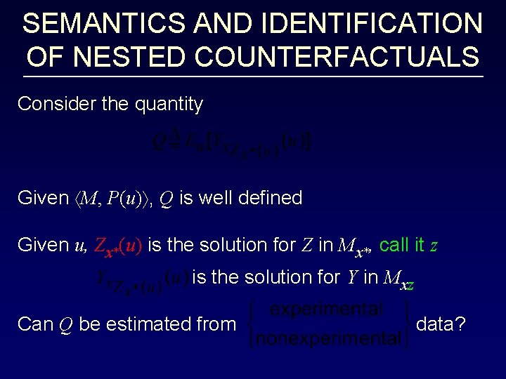 SEMANTICS AND IDENTIFICATION OF NESTED COUNTERFACTUALS Consider the quantity Given M, P(u) , Q