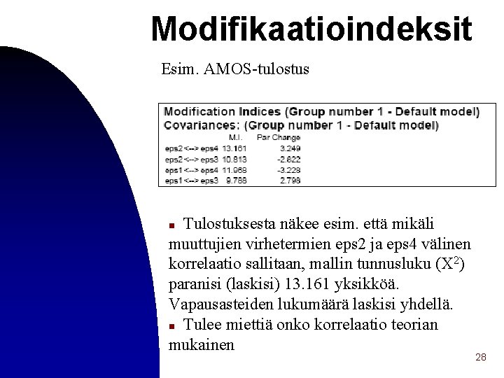 Modifikaatioindeksit Esim. AMOS-tulostus Tulostuksesta näkee esim. että mikäli muuttujien virhetermien eps 2 ja eps