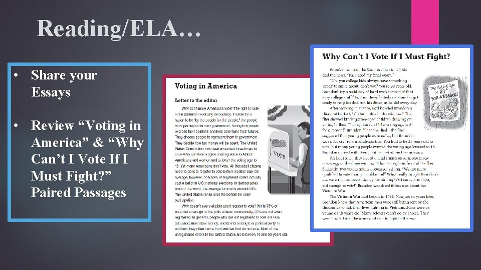 Reading/ELA… • Share your Essays • Review “Voting in America” & “Why Can’t I