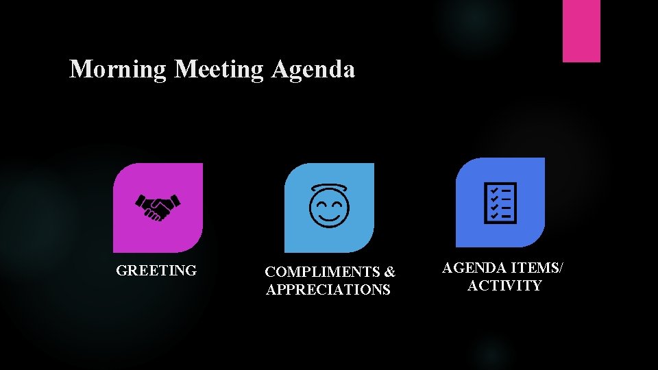 Morning Meeting Agenda GREETING COMPLIMENTS & APPRECIATIONS AGENDA ITEMS/ ACTIVITY 