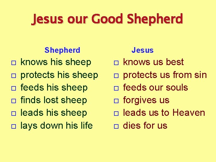 Jesus our Good Shepherd knows his sheep protects his sheep feeds his sheep finds