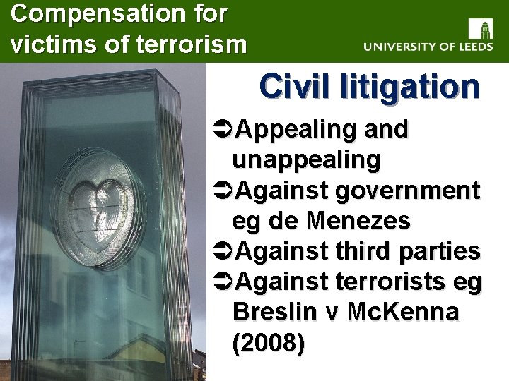 Compensation for victims of terrorism Civil litigation ÜAppealing and unappealing ÜAgainst government eg de
