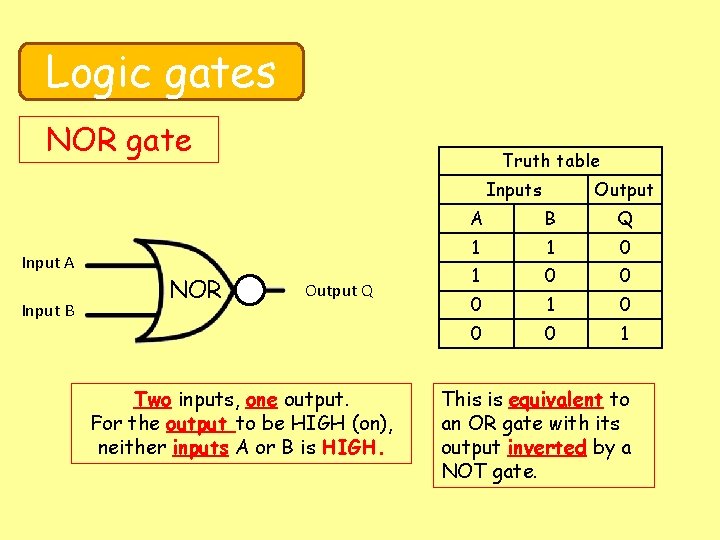 Logic gates NOR gate Truth table Inputs Input A Input B NOR Output Q