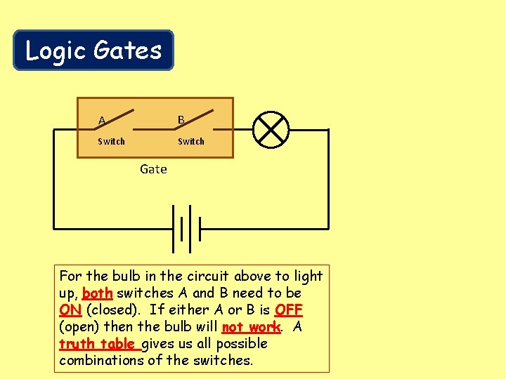 Logic Gates A B Switch Gate For the bulb in the circuit above to