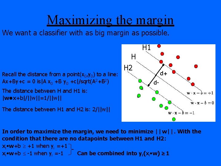 Maximizing the margin We want a classifier with as big margin as possible. H