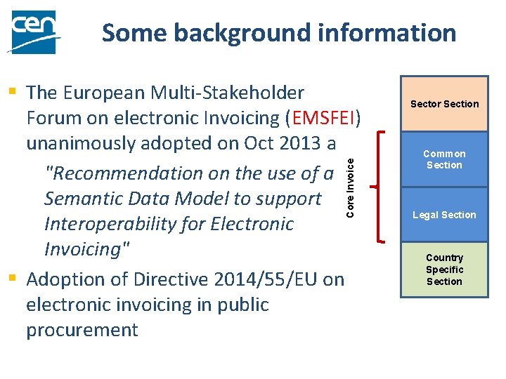 Some background information Core Invoice § The European Multi-Stakeholder Forum on electronic Invoicing (EMSFEI)