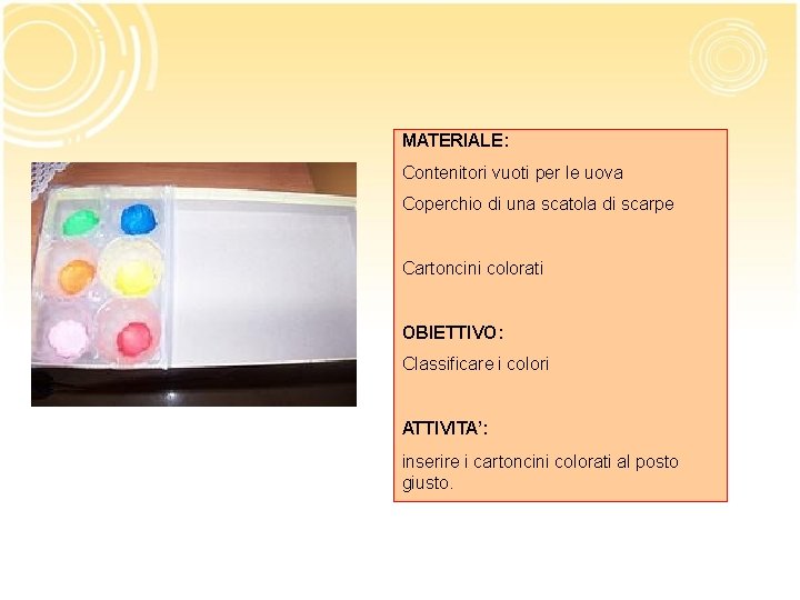 MATERIALE: Contenitori vuoti per le uova Coperchio di una scatola di scarpe Cartoncini colorati MATERIALE: Contenitori vuoti per le uova Coperchio di una scatola di scarpe Cartoncini colorati