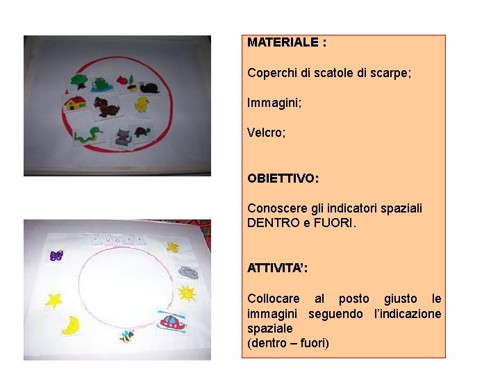 MATERIALE : Coperchi di scatole di scarpe; Immagini; Velcro; OBIETTIVO: Conoscere gli indicatori spaziali MATERIALE : Coperchi di scatole di scarpe; Immagini; Velcro; OBIETTIVO: Conoscere gli indicatori spaziali