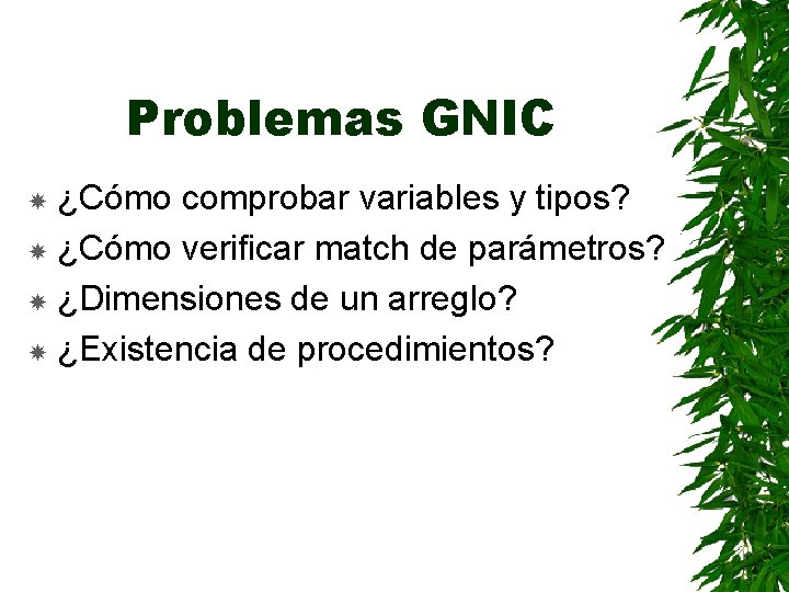 Problemas GNIC ¿Cómo comprobar variables y tipos? ¿Cómo verificar match de parámetros? ¿Dimensiones de