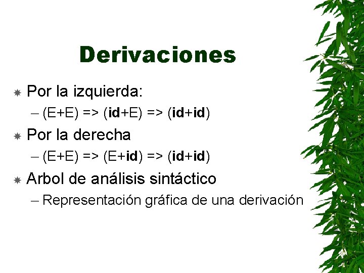 Derivaciones Por la izquierda: – (E+E) => (id+id) Por la derecha – (E+E) =>