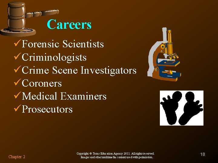 Careers üForensic Scientists üCriminologists üCrime Scene Investigators üCoroners üMedical Examiners üProsecutors Chapter 2 Copyright